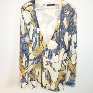 Nic+Zoe Abstract Linen Blend Cream Gold Blue Cardi